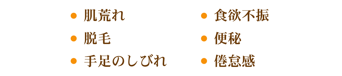 肌荒れ、脱毛、手足のしびれ、食欲不振、便秘、倦怠感
